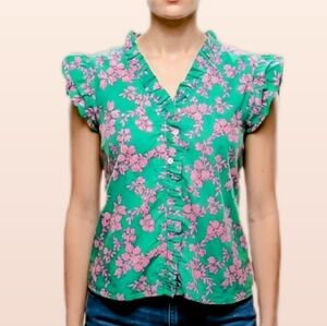 J.Crew Ruffle Flutter-Sleeve Button-Front Top in Green & Pink Floral, Size XS